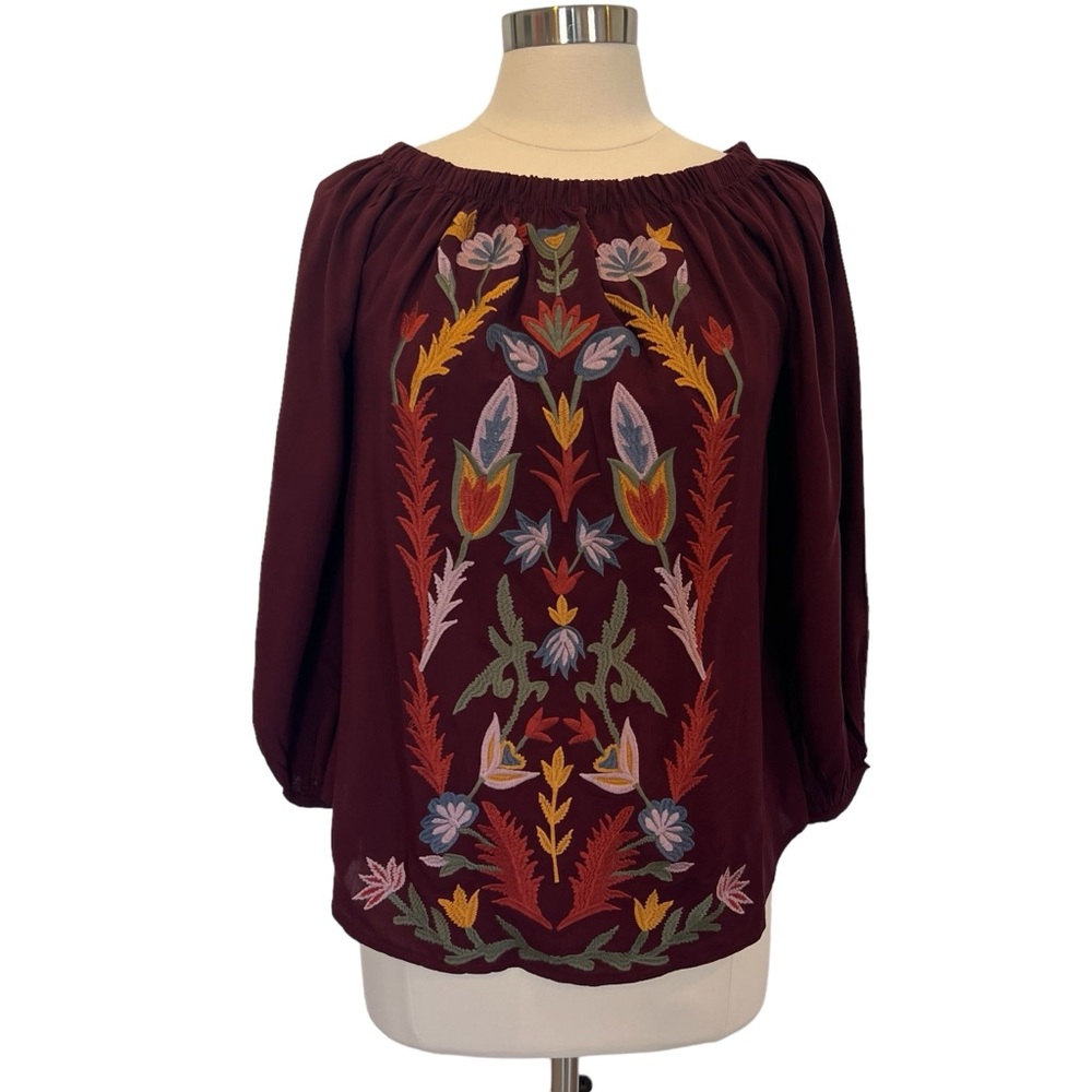 Solitaire Burgundy Floral Embroidered Off Shoulder Flowy Boho Peasant To…